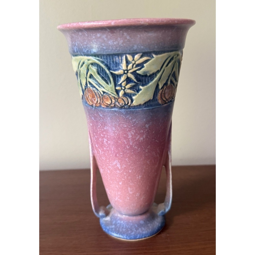 Roseville Baneda Pink 1932 Vintage Art Deco Pottery Ceramic Handled Vase 604-7